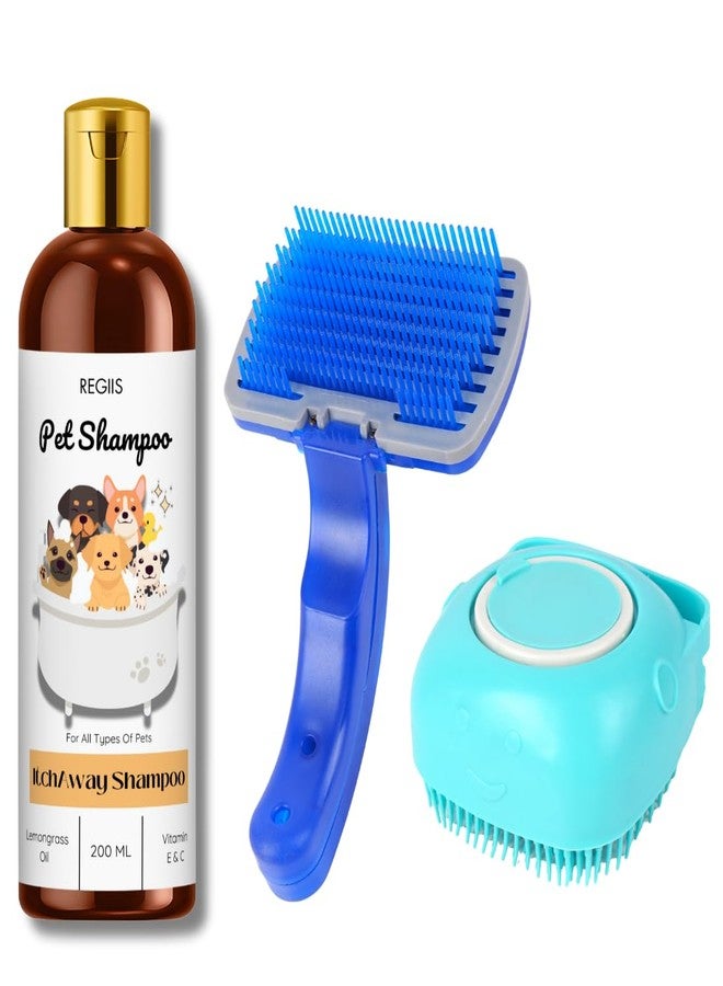 مجموعة العناية بالحيوانات الأليفة مع شامبو زيت الليمون، 200 مل، مجموعة فرش سيليكون زرقاء لجميع أنواع الحيوانات الأليفة، تتضمن فرشاة ذاتية التنظيف (عبوة من 3 قطع) - Image 1